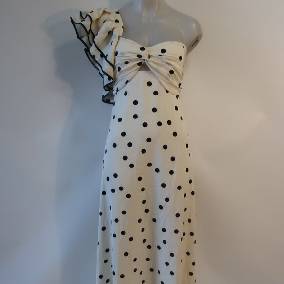 NWT Womens Benaar Natalie Ivory Black Polka Dot One Shoulder Paris Midi Dress S - Picture 4 of 15